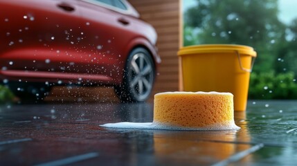 Car Wash Sponge with Soap Suds and Bucket in Background. Generative AI