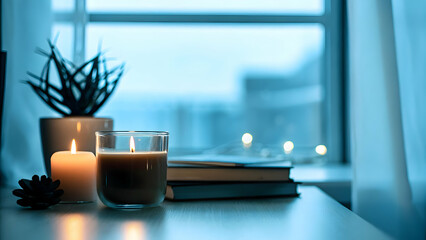 Relax Bedtime Rituals: Hollow Frames, Dim Glows, Sips for Stable Rest and Inward Calm in Photo Stock Concept