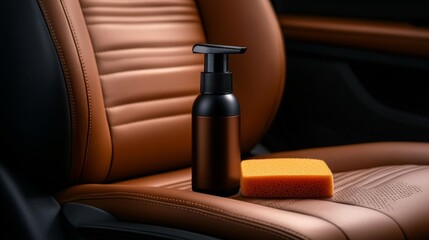Leather cleaner bottle on luxury car seat. Generative AI