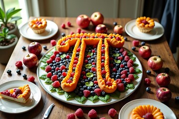 Fresh fruit platter in the shape of the Pi symbol surrounded by apples, raspberries, and blueberries on a wooden table