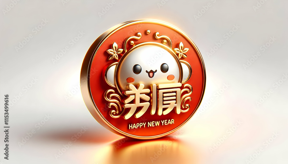 Poster 3d glossy red background with golden chinese characters for happy new year and ample copy space belo