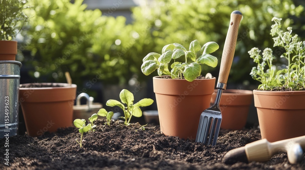 Poster a tidy gardening setup with neatly placed seeds, pots, and tools ready for planting