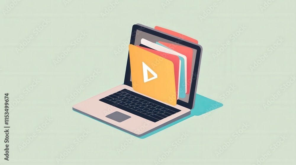 Poster laptop with colorful files and play button icon on green background