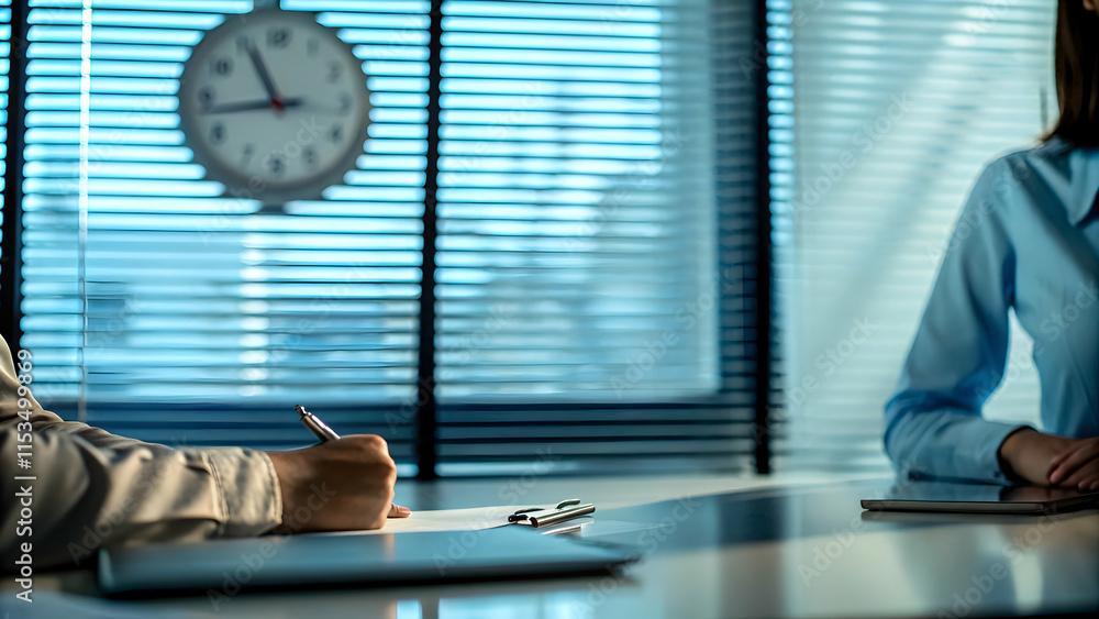 Poster candidate managing time effectively during job interview answering questions with clock concept