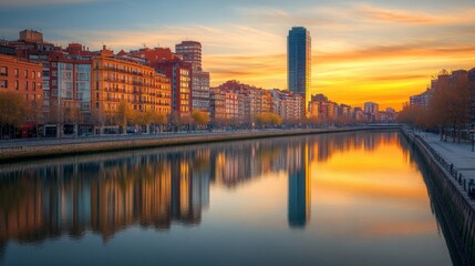 Fototapeta premium Golden Sunset Reflecting on City Buildings and River