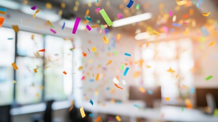 Casual Office Celebration with Confetti and Natural Light