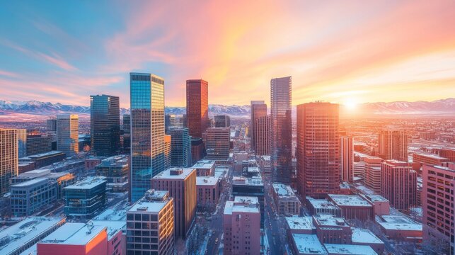 Denver Skyline Sunset Over Snowy Mountains