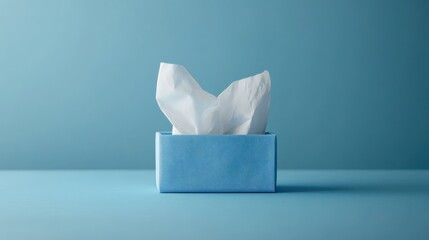 blue tissue box and crumpled tissues on blue background.