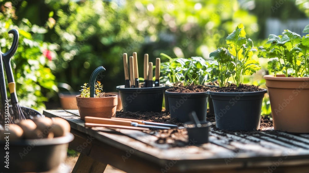 Poster a tidy gardening setup with neatly placed seeds, pots, and tools ready for planting