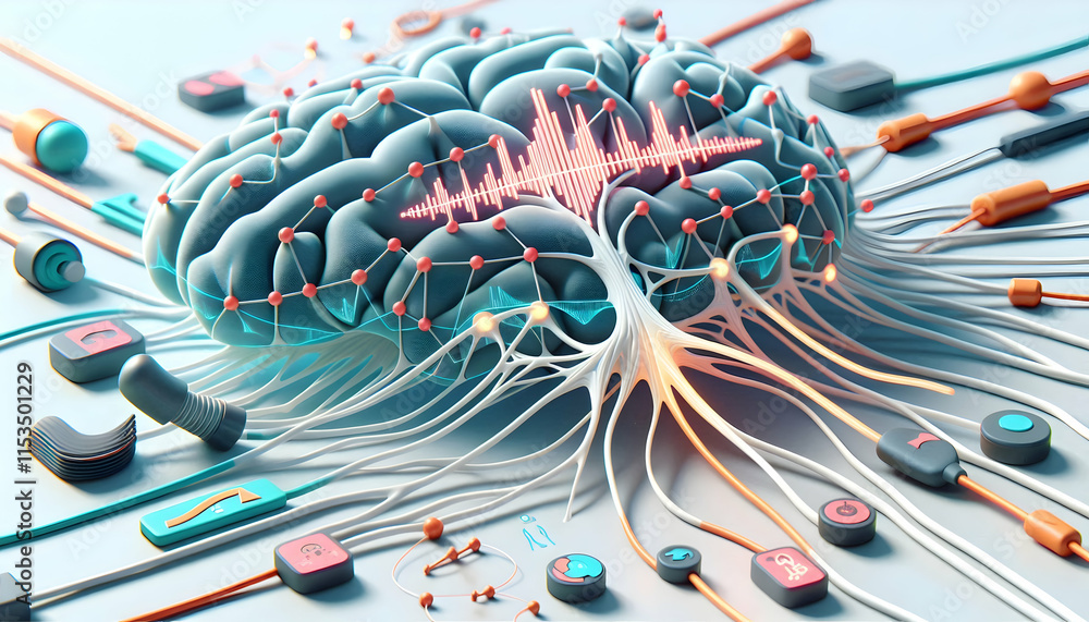 Poster 3d close-up neuron firing with fitness data macro image mind-body tech connection