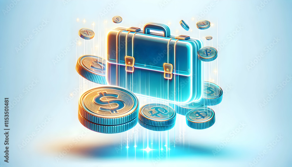 Poster 3d glowing holographic coin and briefcase float in mid air with copy space at the top isolated on wh