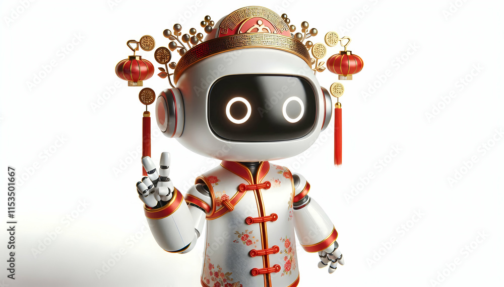 Poster 3d robot in traditional chinese attire portrait with copy space for text or branding