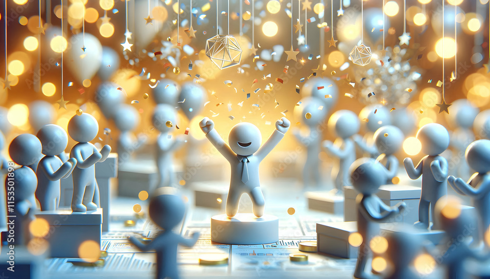 Poster 3d abstract celebration scene with person surrounded by bokeh confetti and symbolic joy of working f