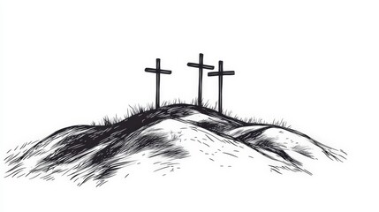 Three Crosses on Hilltop with Grass and Minimalist Style