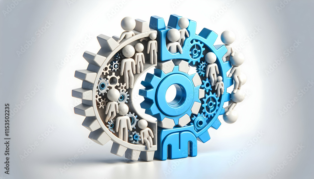 Poster 3d macro image of interlocking human and robotic gears on white background symbolizing collaboration