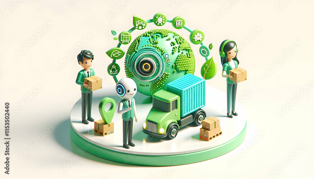 Poster 3d business team optimizing ai-driven green procurement macro close-up for sustainable sourcing effi