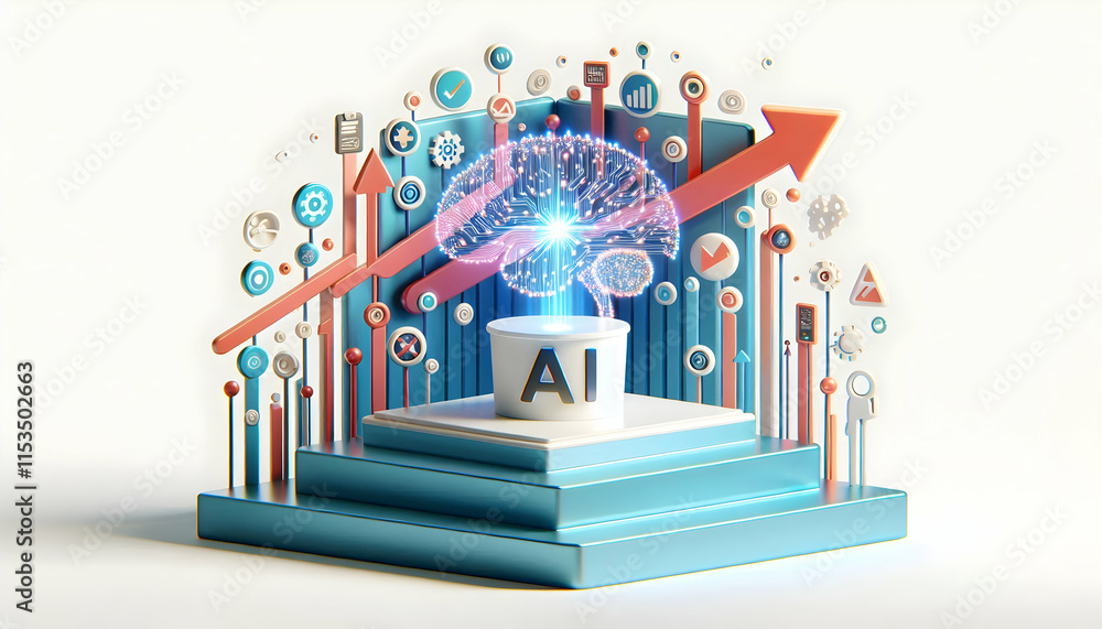 Aufkleber 3d floating ai neural network on podium with growth arrows - tech presentation concept
