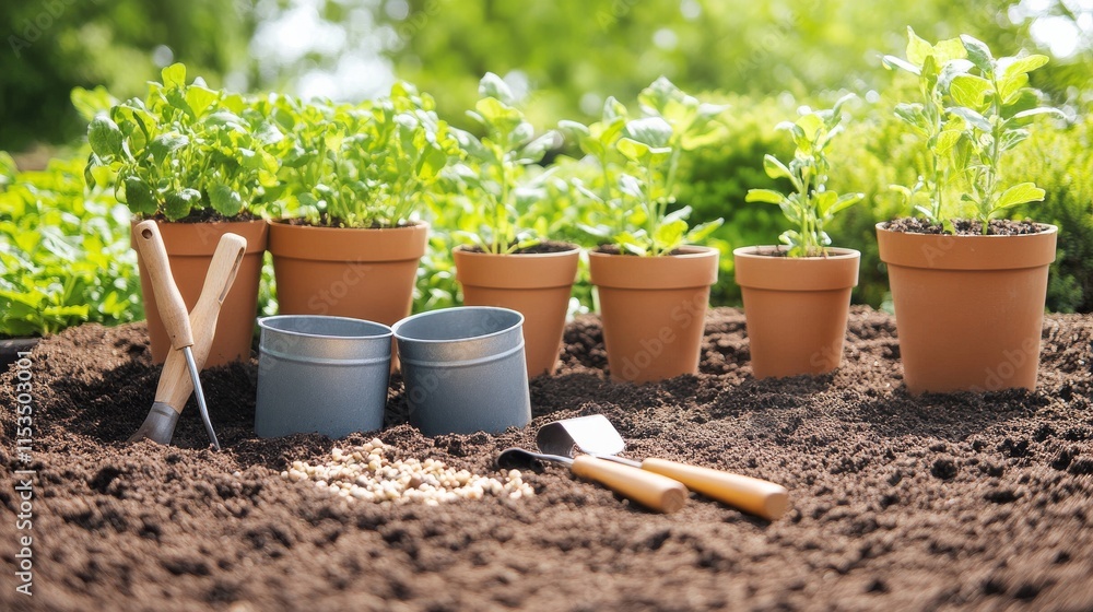 Poster a tidy gardening setup with neatly placed seeds, pots, and tools ready for planting