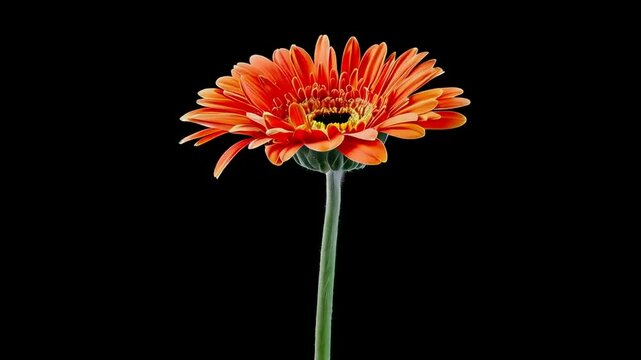 Single orange gerbera daisy flower isolated on black background.