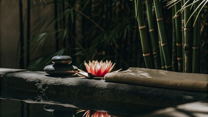  Spa composition: a pink lotus lying on a soft blue towel, with smooth black stones and bamboo sticks nearby. The background creates an atmosphere of tranquility