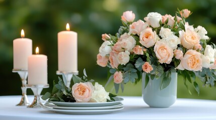 Fototapeta premium Elegant floral arrangement with candles on a table