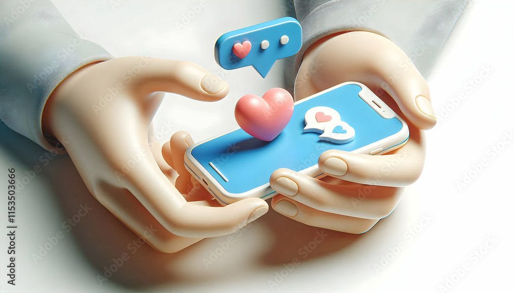 Poster 3d close up of hands sending a heart emoji via smartphone concept as a macro close up of hands holdi