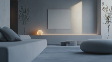 Fototapeta premium A minimalist living room featuring a subtle gray palette, soft textures, and clean geometric furniture design