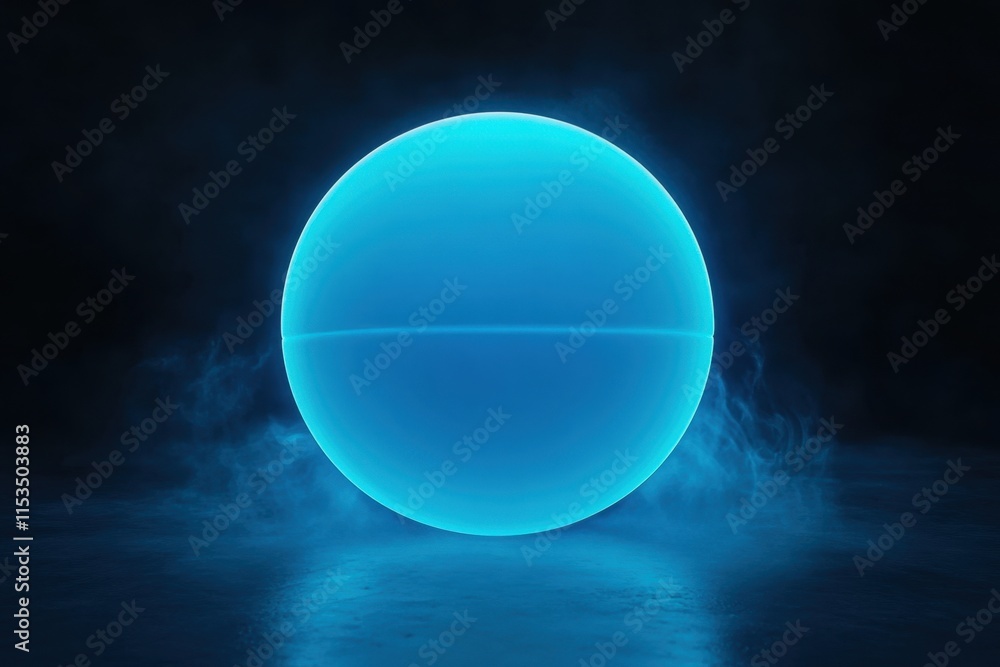Poster a glowing blue sphere emits a soft light, surrounded by a misty atmosphere, creating a surreal and c