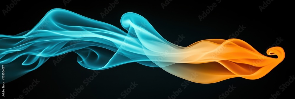 Poster a flowing blend of blue and orange smoke against a black backdrop, creating an ethereal and dynamic 