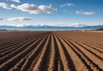 A vast agricultural field with rows of freshly plowed soil stretching out towards distant mountains under a cloudy blue sky