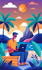 Remote worker on laptop in tropical location, digital nomad working on vacation, freelancer blending work and travel, beachside productivity, online business professional outdoors.
