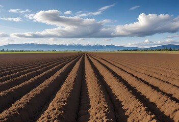 A vast agricultural field with rows of freshly plowed soil stretching out towards distant mountains under a cloudy blue sky