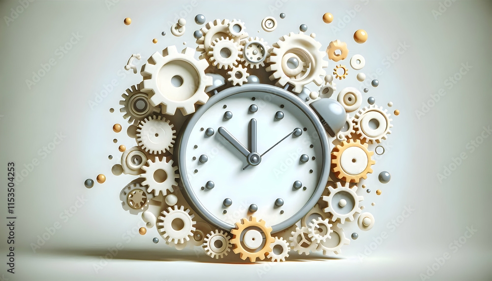 Poster 3d floating clock icon with gears symbolizing time management and innovation on white background