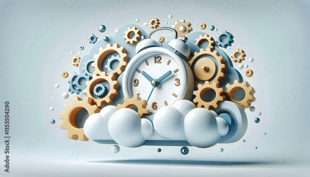 Poster 3d clock icon with floating gears symbolizing time management and mechanical innovation on white bac