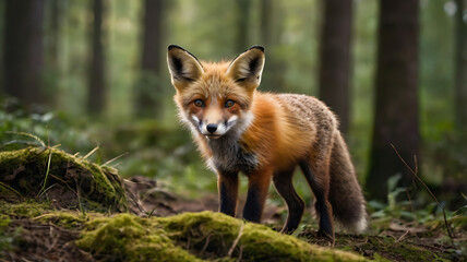 Fototapeta premium It has brown fur and is looking at the camera. Red fox, vulpes vulpes, small young cub in forest . Wildlife scene from nature