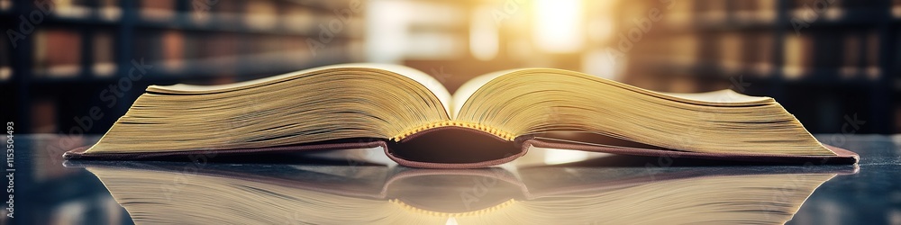 Poster glowing open book resting on reflective desk with blurred library background under diffused light