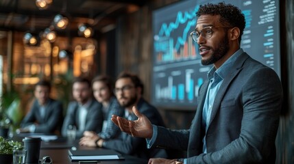Professional business presentation with diverse group of colleagues in a modern office environment, showcasing teamwork and data analysis in a collaborative setting