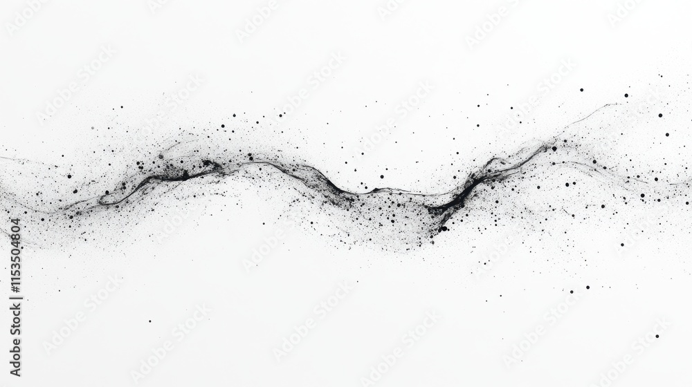Poster a minimalistic black and white abstract design featuring swirling lines and scattered particles, evo