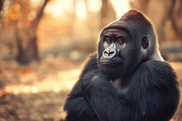 Fototapeta premium majestic mountain gorilla sitting in forest with soft sunlight filtering through trees animal deep eyes are captured