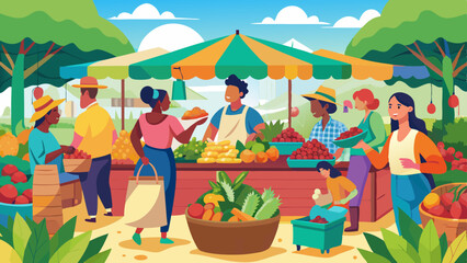 Bullicioso mercado de granjas orgánicas con verduras y frutas frescas y clientes satisfechos comprando a vendedores locales.