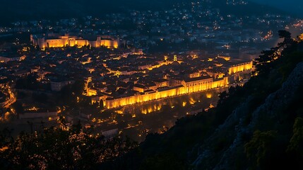 Nighttime View of Illuminated City Walls and Buildings