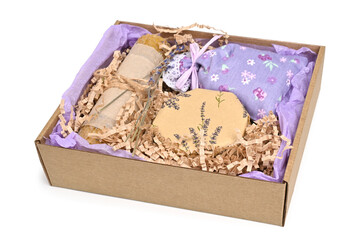 Craft gift box with natural wax candle, sachet pouch, dried lavender flowers and jar of jam