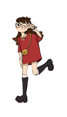 2D brunette girl in a dynamic pose running in a red T-shirt, glasses, with a yellow bag in boots