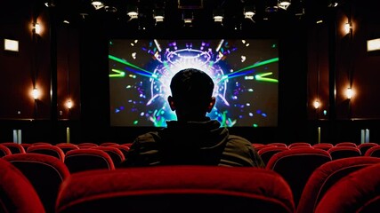 Movie Theater with Holographic Interaction, Reflective Surface Effect, Red Velvet Seats, Special Event Venue/Immersive Cinema