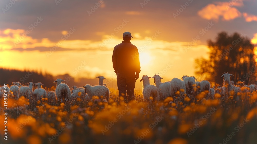 Poster a shepherd guides a flock of sheep through a vibrant field filled with colorful flowers. the warm gl