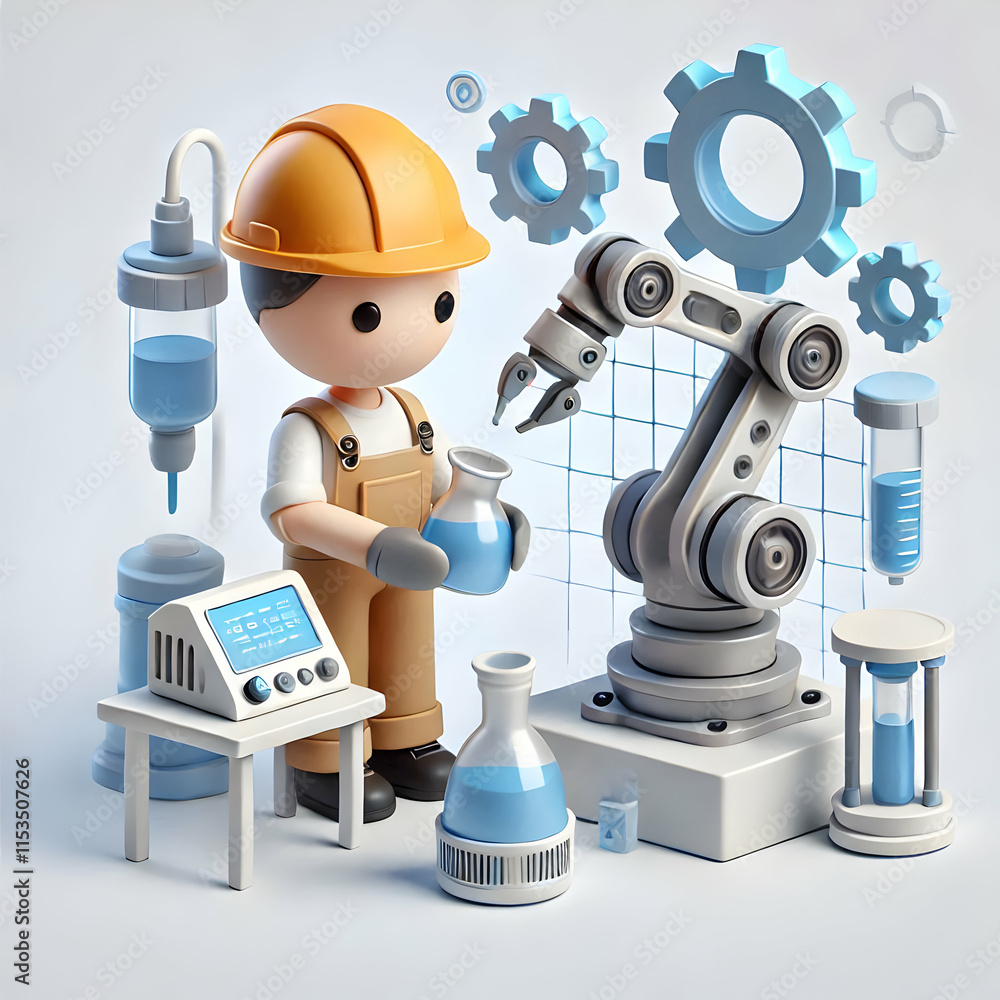 Poster 3d technician calibrating robotic arm in laboratory for precision in industrial automation