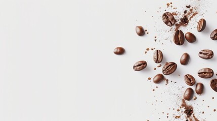 A scattering of coffee beans and ground coffee on a light background, emphasizing texture and the rich flavor of coffee.