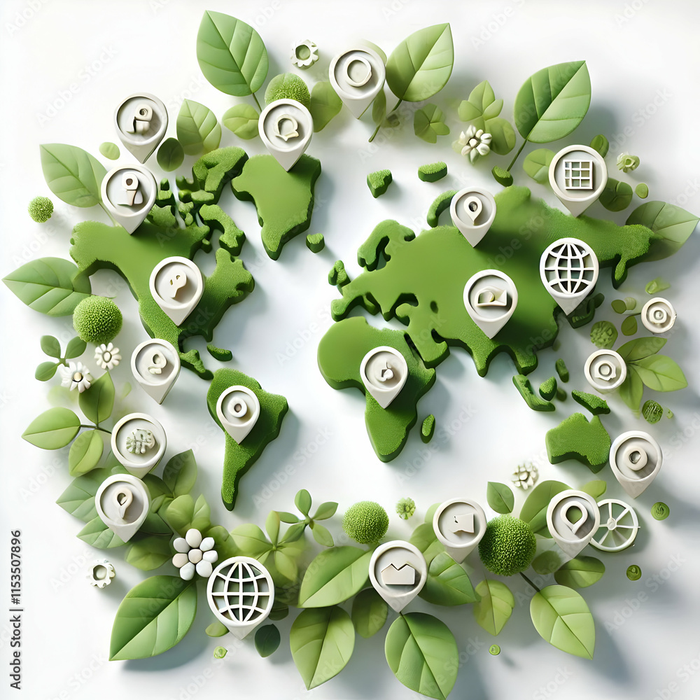 Poster 3d leaves world map with business icons overlaid - soft abstract art for global business and nature 