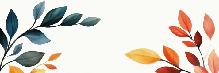 Fototapeta premium A decorative arrangement of colorful leaves framing a light background, showcasing a blend of green, orange, and yellow hues.