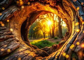 Naklejka premium Magical Bokeh Light in Hollow Rotten Tree Trunk Interior - Stock Photo